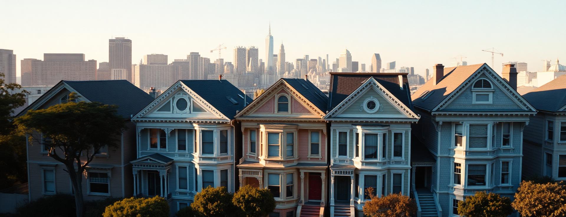 San Francisco Painted Ladies Victorian houses at midday with the downtown skyline behind