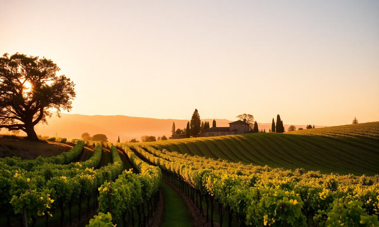 Napa Valley vineyards at golden hour with rolling rows of vines, oak trees and a stone winery in the distance