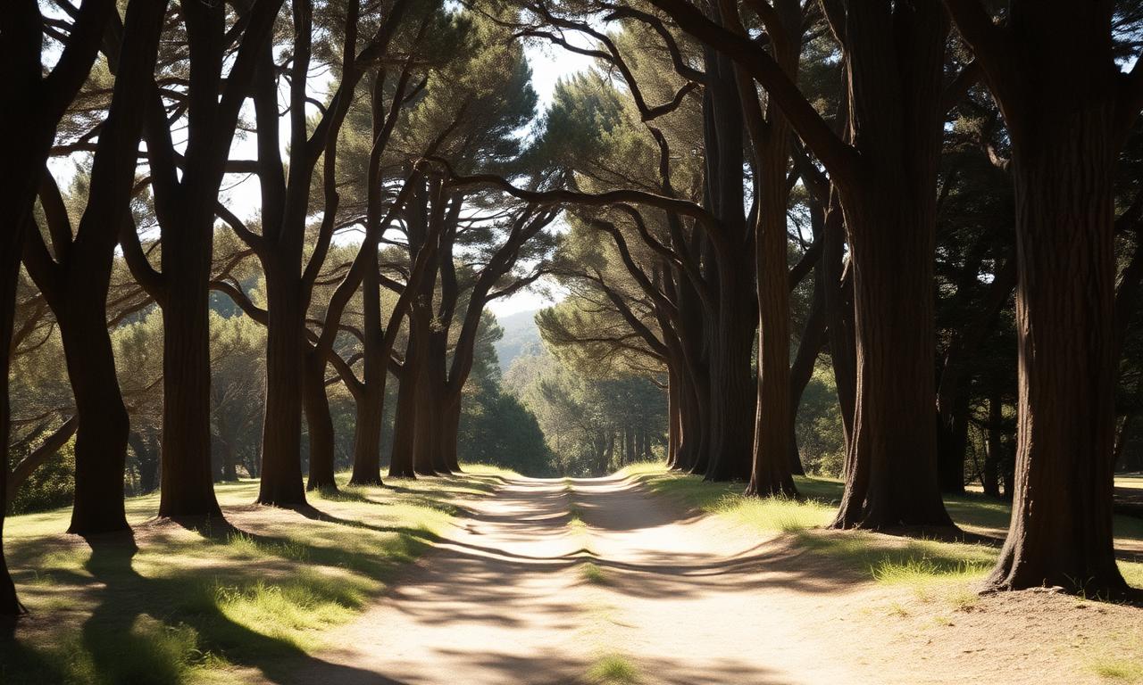 Presidio of San Francisco with eucalyptus and cypress-lined trail, soft afternoon light filtering through trees