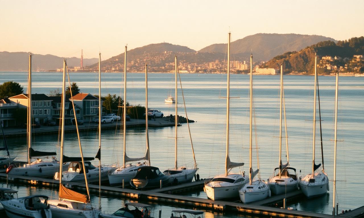 Sausalito waterfront at golden hour with sailboats in marina and San Francisco skyline across the bay