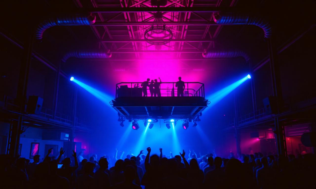 Modern San Francisco warehouse nightclub interior with dramatic blue and magenta stage lighting and elevated DJ booth