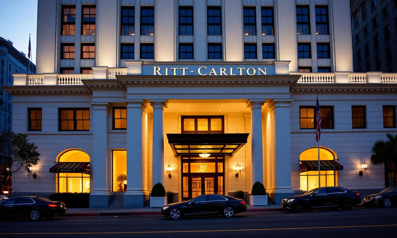 Elegant Ritz-Carlton San Francisco hotel exterior with neoclassical white facade, columns and warm illuminated entrance at dusk