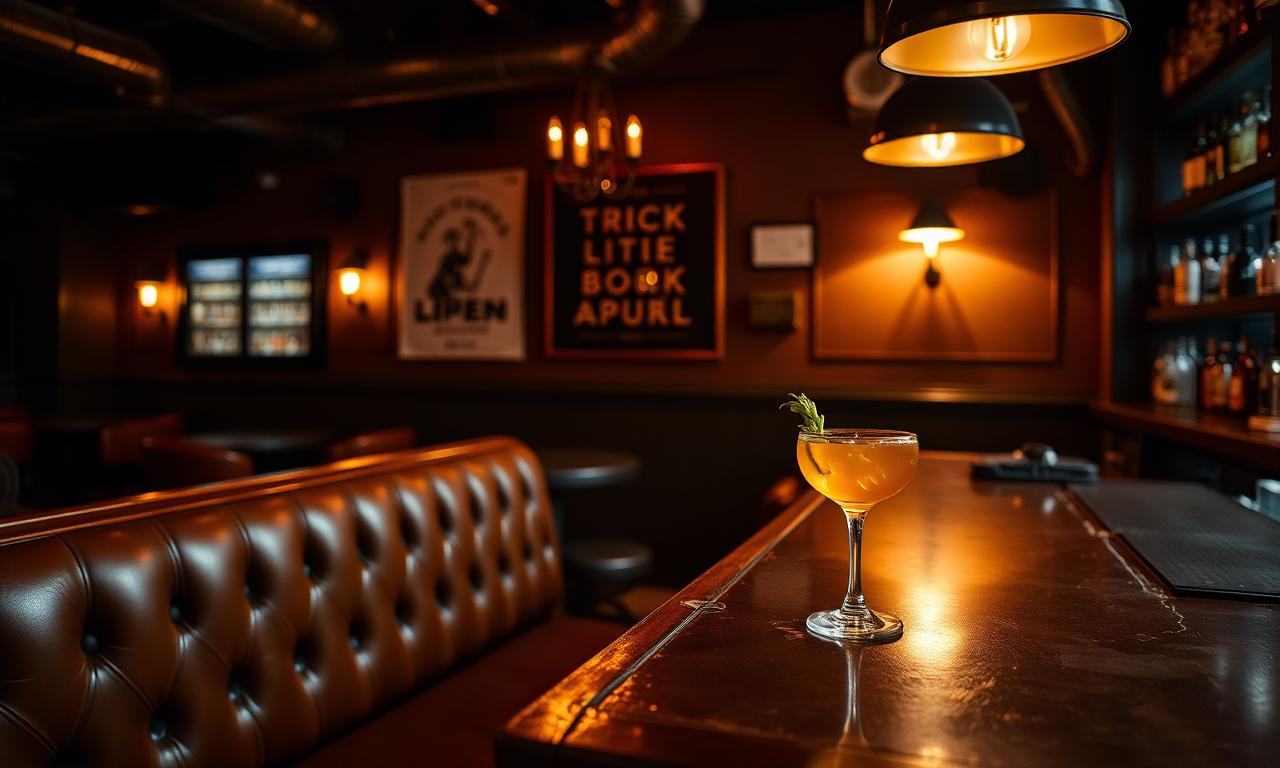 Warm industrial Mission cocktail bar with vintage details, leather banquettes and a single garnished cocktail on the bar