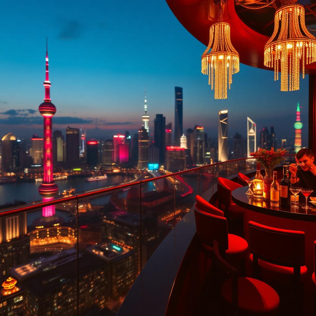 Bar Rouge Shanghai rooftop cocktail bar at dusk with panoramic view of the illuminated Pudong skyline and red lacquer interior