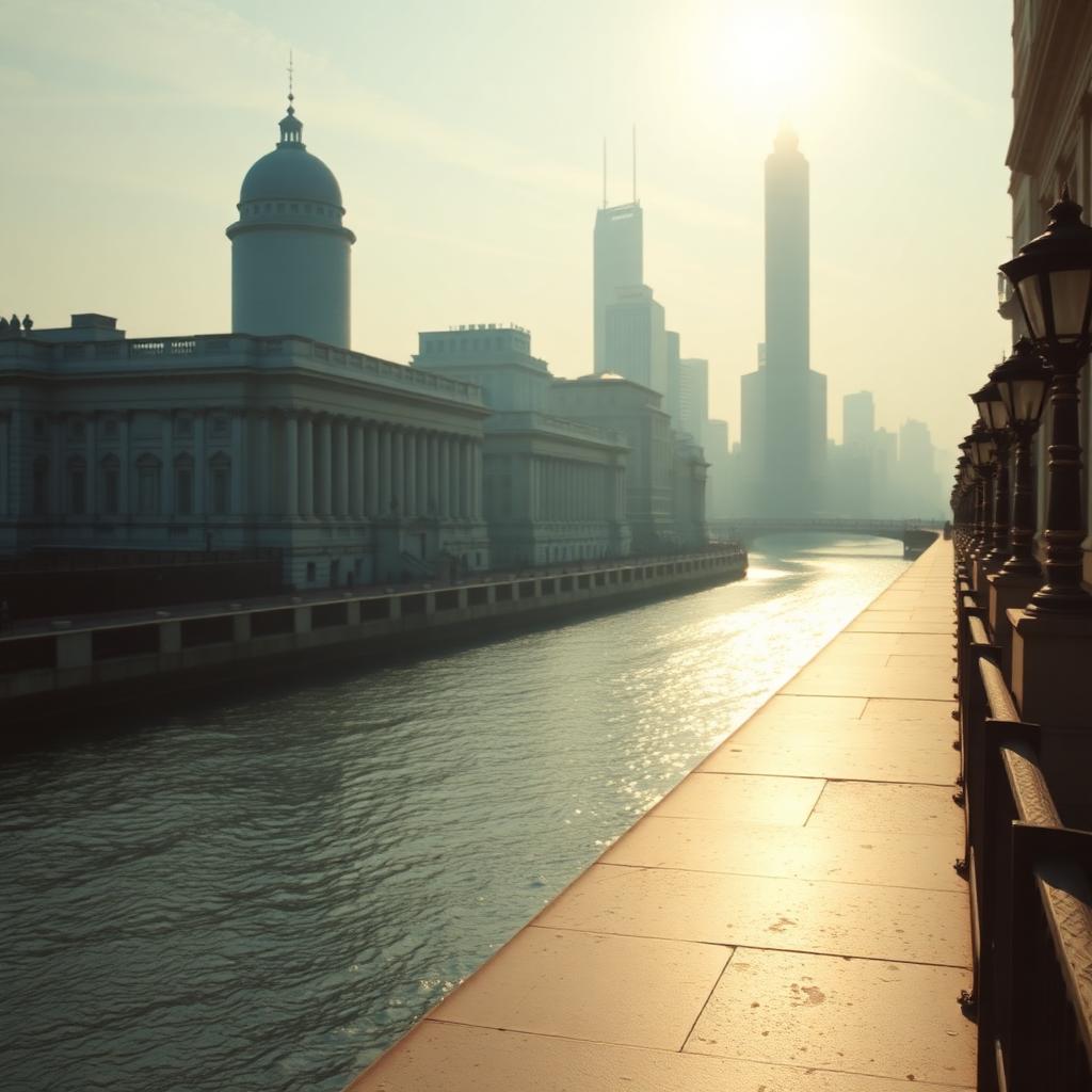The Bund Shanghai waterfront promenade at first morning light with neoclassical colonial banking facades catching golden sun