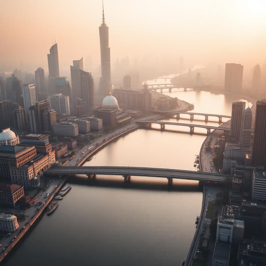 Aerial morning view of Shanghai with the Huangpu River bending between the historic Bund and the futuristic Pudong skyline at golden hour