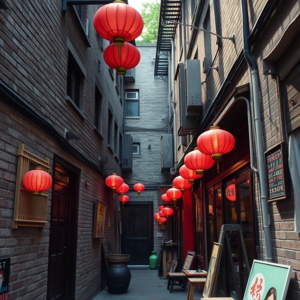 Tianzifang Shanghai narrow shikumen alley with grey brick walls and red lanterns strung overhead in soft afternoon light