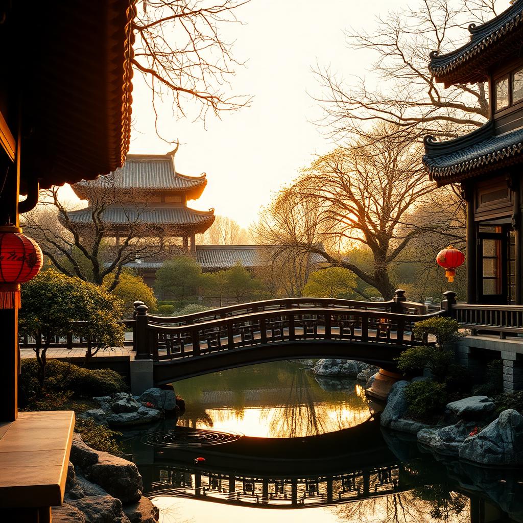 Yu Garden Shanghai at golden hour with classical Ming dynasty pavilions, zigzag bridge over a koi pond and red lanterns