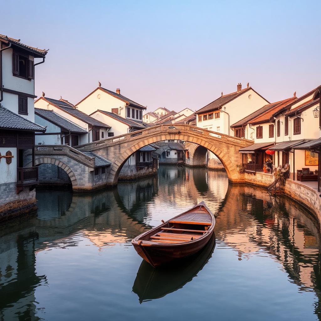 Zhujiajiao water town near Shanghai at morning with stone arched bridges over still canals and Jiangnan houses reflected in calm water