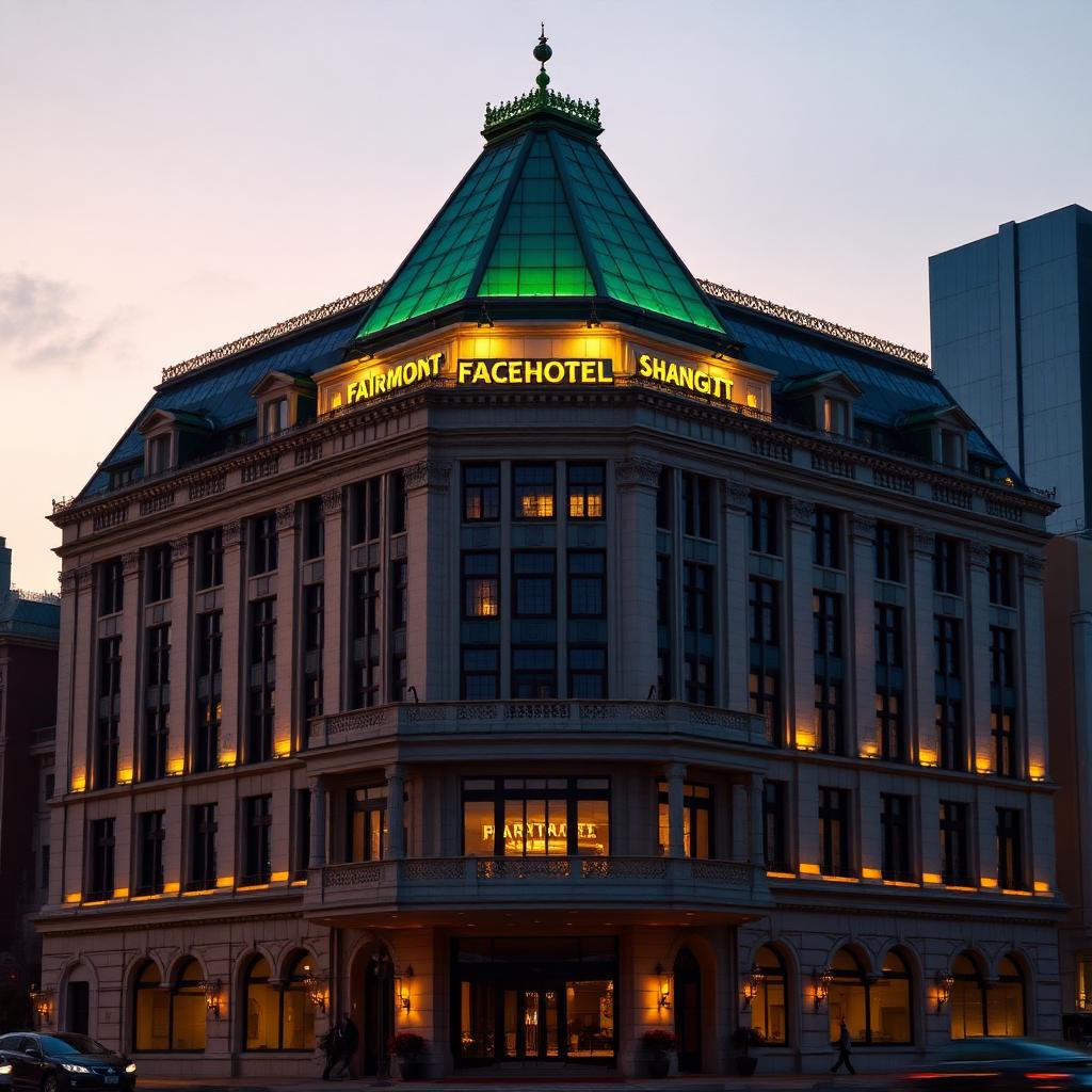 Fairmont Peace Hotel Shanghai art-deco facade with iconic green pyramid copper roof at dusk on the Bund