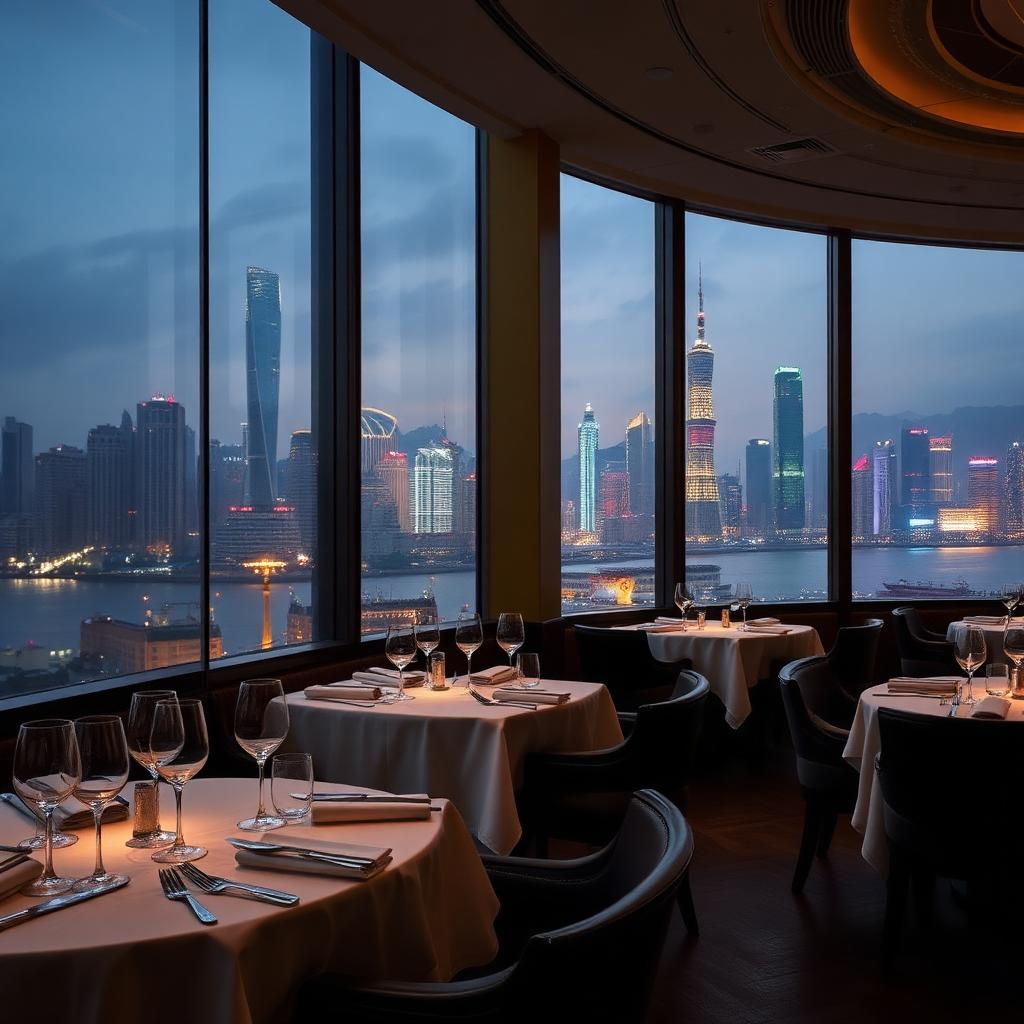 Jean Georges Shanghai fine French restaurant interior on Three on the Bund with panoramic Pudong skyline view at dusk
