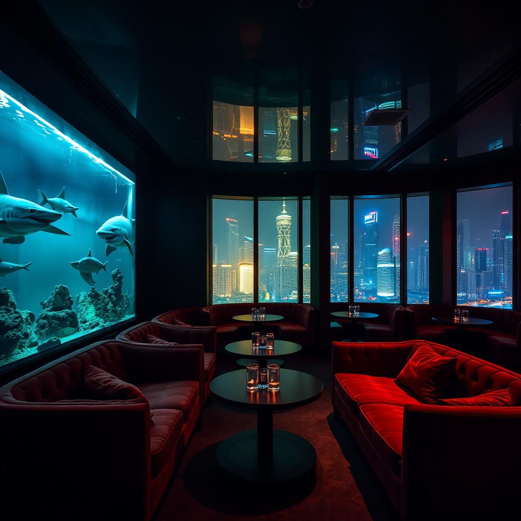 M1NT Shanghai exclusive members club at night with neon-lit shark tank wall and the illuminated Pudong skyline beyond