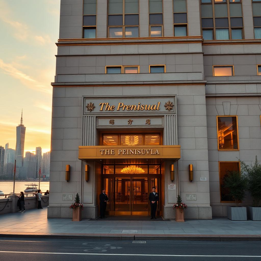 The Peninsula Shanghai hotel art-deco facade on the Bund at golden hour with polished stone, brass detailing and uniformed doormen