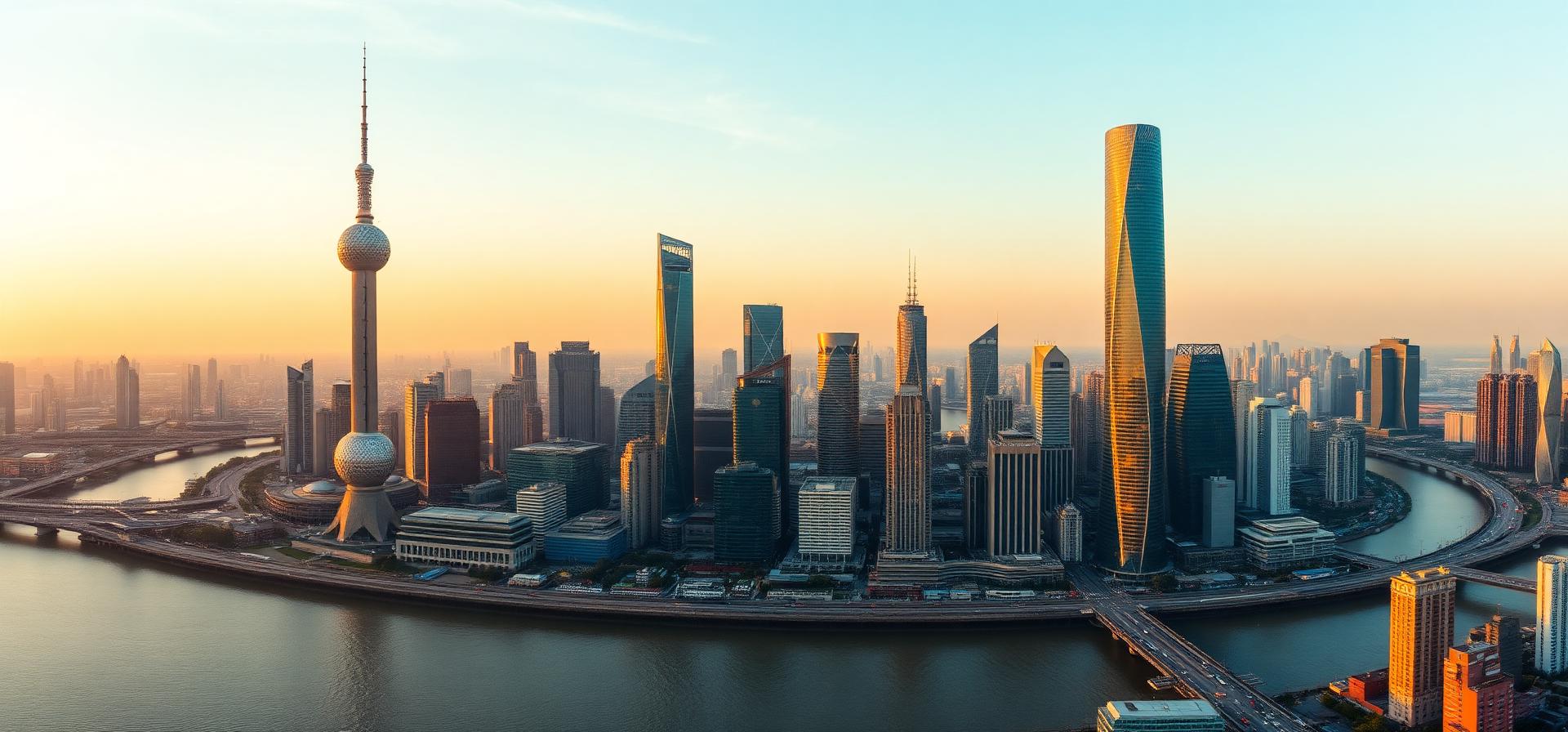 Panoramic aerial view of the Pudong Shanghai skyline at golden hour with Shanghai Tower, Jin Mao, World Financial Center and the Oriental Pearl