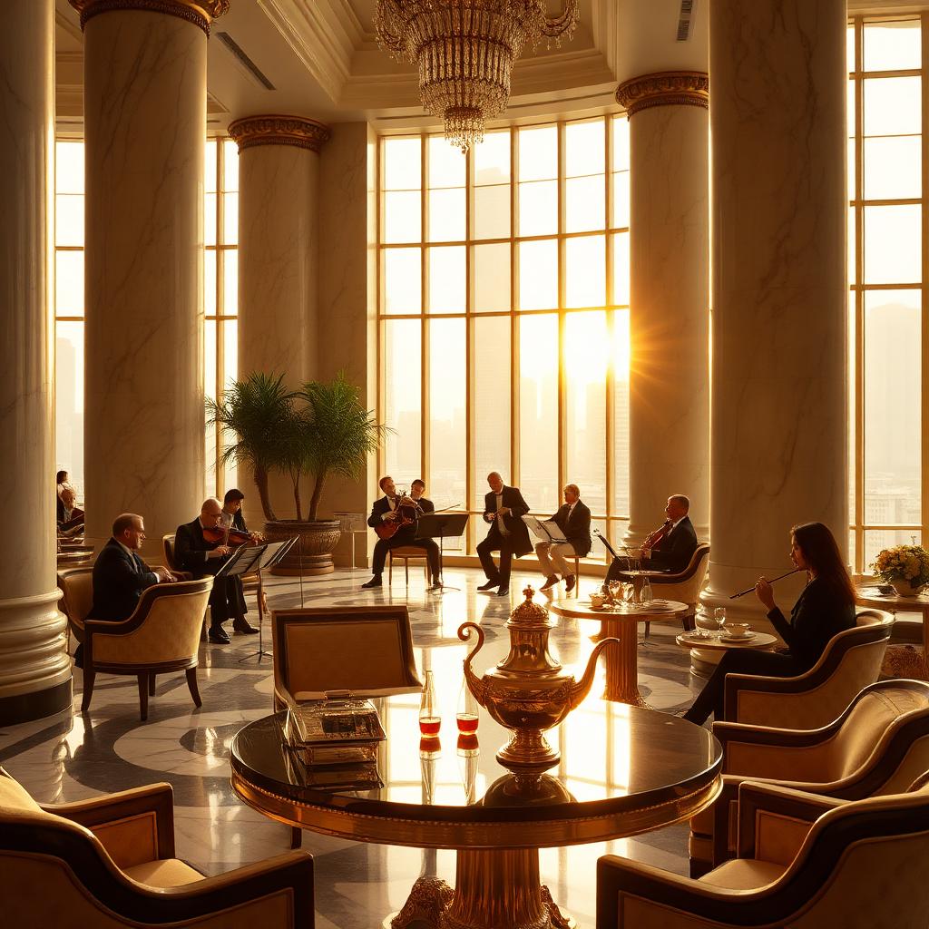 Afternoon tea lounge inside the Peninsula Shanghai lobby at golden hour with marble columns and art-deco details