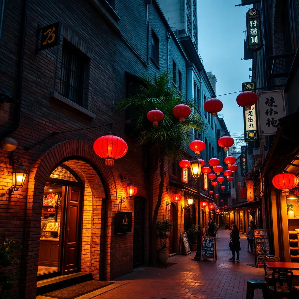 Xintiandi Shanghai shikumen lane at night with restored grey brick stone-gate houses softly illuminated and red lanterns above