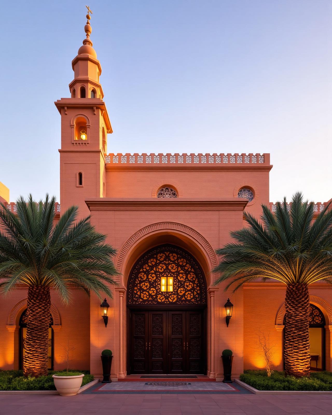 Al Bait Sharjah luxury GHM heritage hotel facade at golden hour with restored coral-stone walls, traditional wind towers, ornate carved wooden doors and palm-lined courtyards