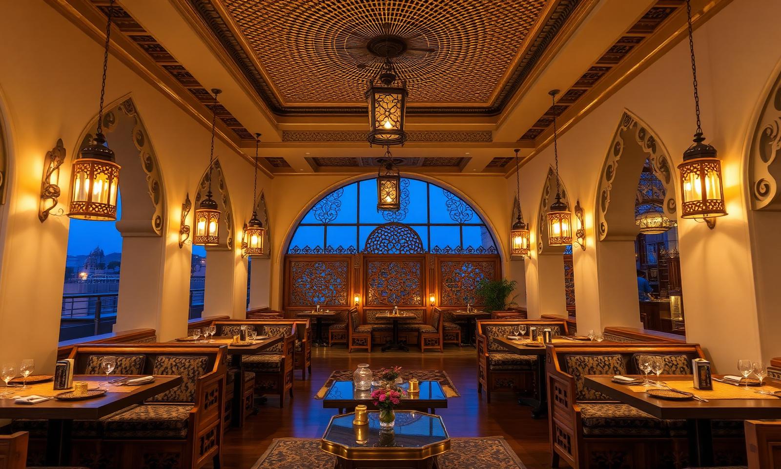 Al Fanar refined traditional Emirati restaurant interior in Sharjah with carved wooden majlis seating, oriental lanterns, woven palm-leaf ceiling and warm cinematic amber lighting