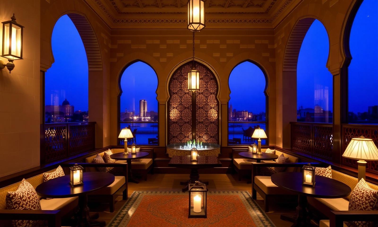 The Chedi tea lounge at Al Bait Sharjah, restored sandstone palace interior with arched windows, low banquettes, brass lanterns and intricate mashrabiya screens
