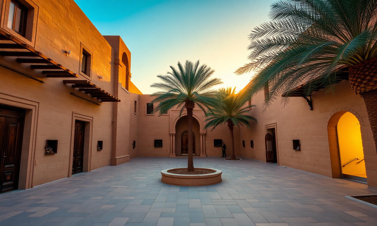 Sharjah Art Foundation Al Mureijah Square at golden hour, restored sandstone heritage gallery buildings with wooden doors and contemporary art courtyards