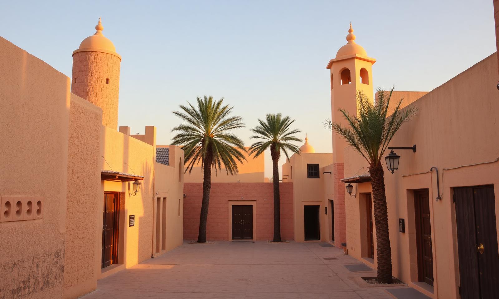Heart of Sharjah heritage quarter at golden hour with restored coral-stone and sandstone houses, traditional wind towers and narrow sandy lanes