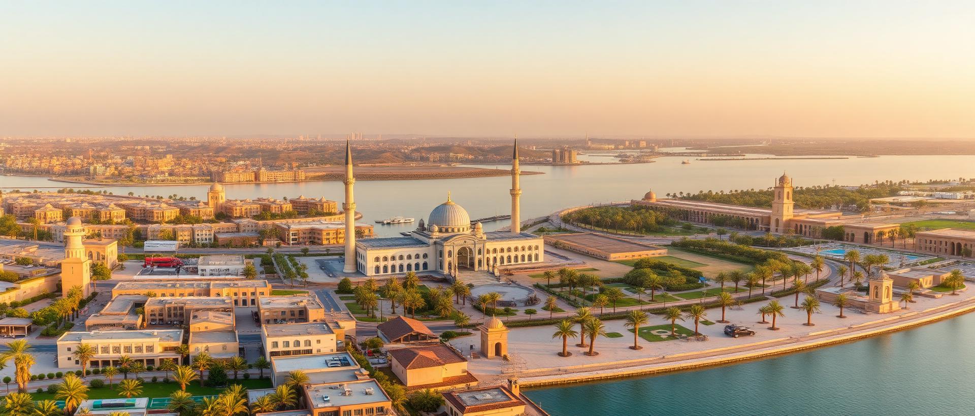 Panoramic aerial morning view of Sharjah at golden hour with the Al Noor Mosque on Khalid Lagoon and the heritage area Heart of Sharjah