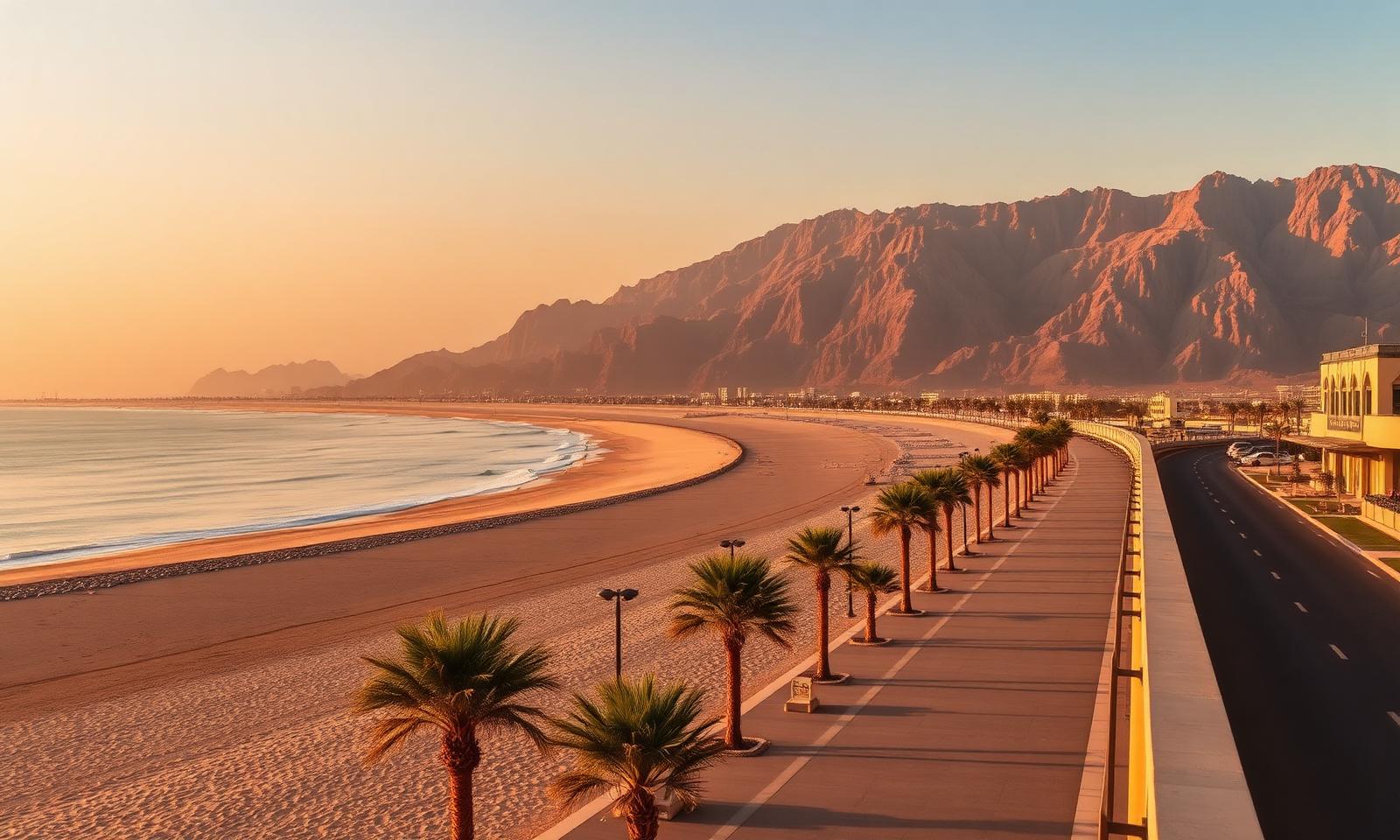 Khor Fakkan corniche on the east coast of Sharjah at golden hour with a long crescent beach on the Gulf of Oman and the Hajar Mountains rising behind the bay