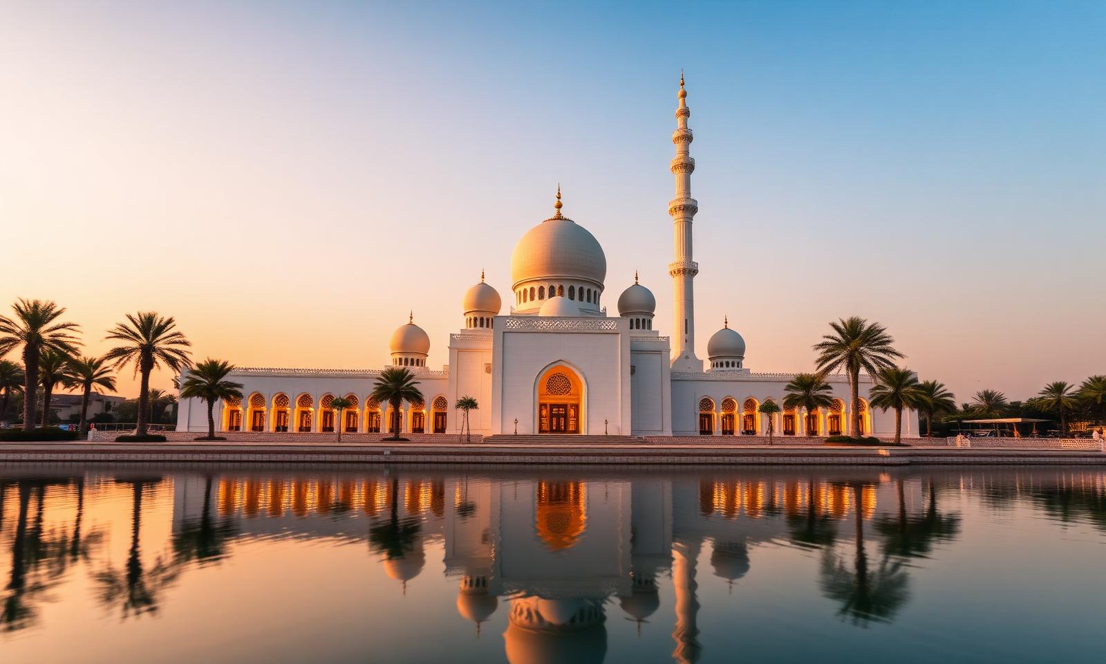 Al Noor Mosque in Sharjah at golden hour, an elegant Ottoman-style white mosque with slender minarets and a central dome reflecting on Khalid Lagoon, palm trees and warm cinematic light