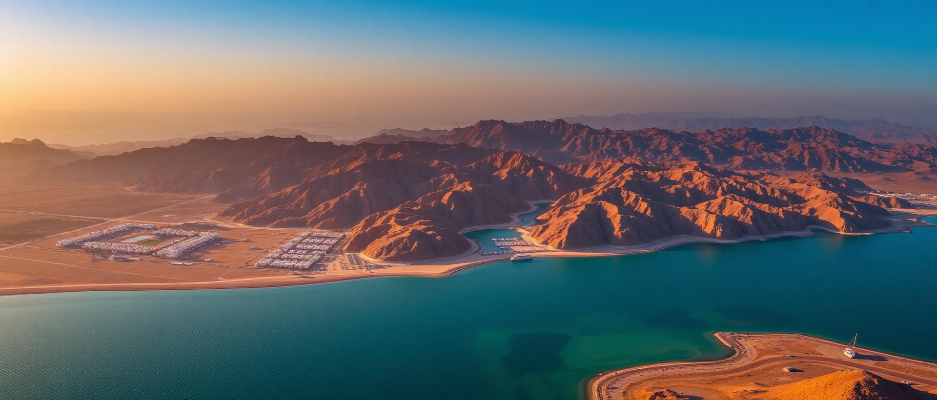 Aerial view of Khor Fakkan bay on the east coast of Sharjah at golden hour with the Gulf of Oman, the Hajar Mountains and warm cinematic light
