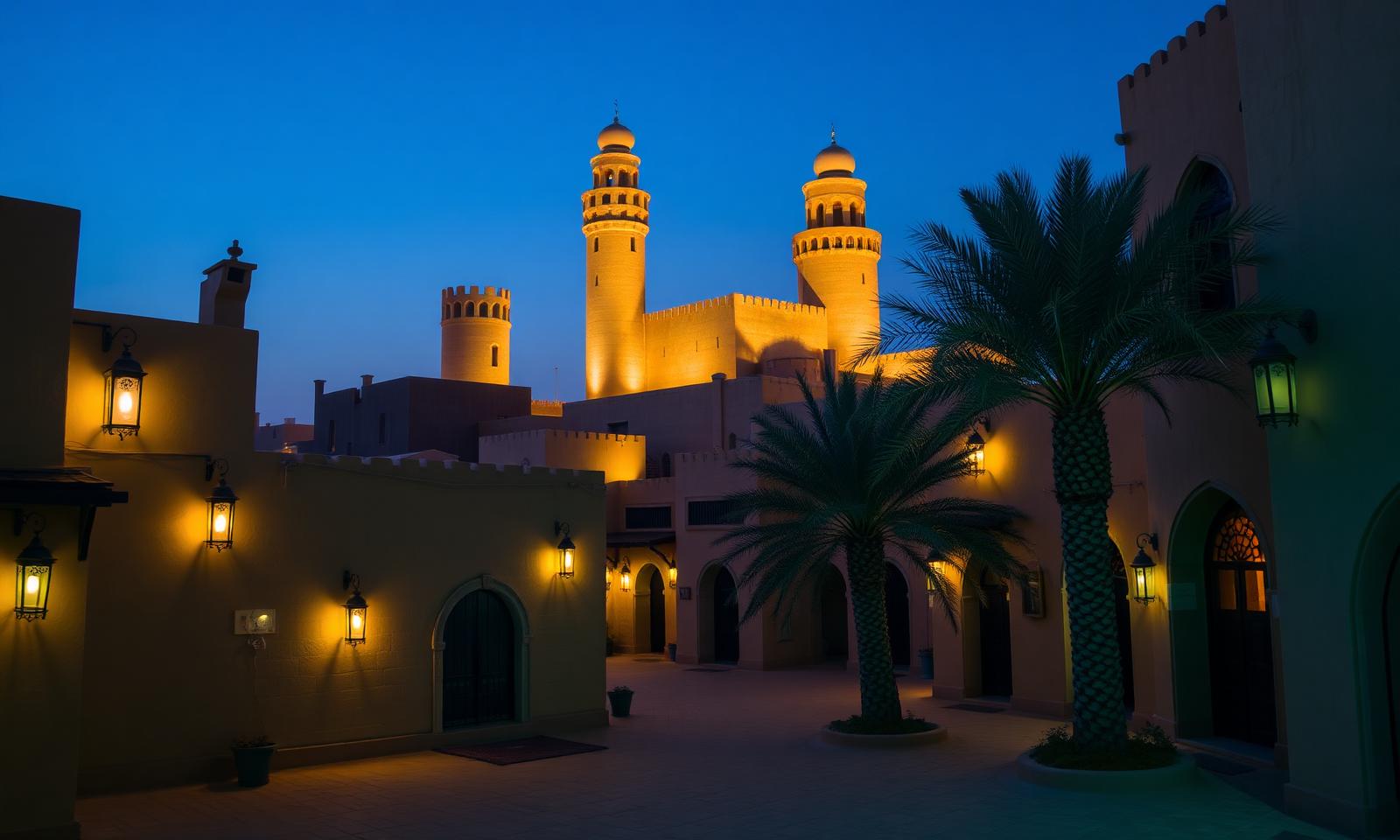 Heart of Sharjah heritage quarter at night with restored sandstone buildings, traditional wind towers and narrow sandy lanes lit by oriental hanging lanterns under a deep blue evening sky