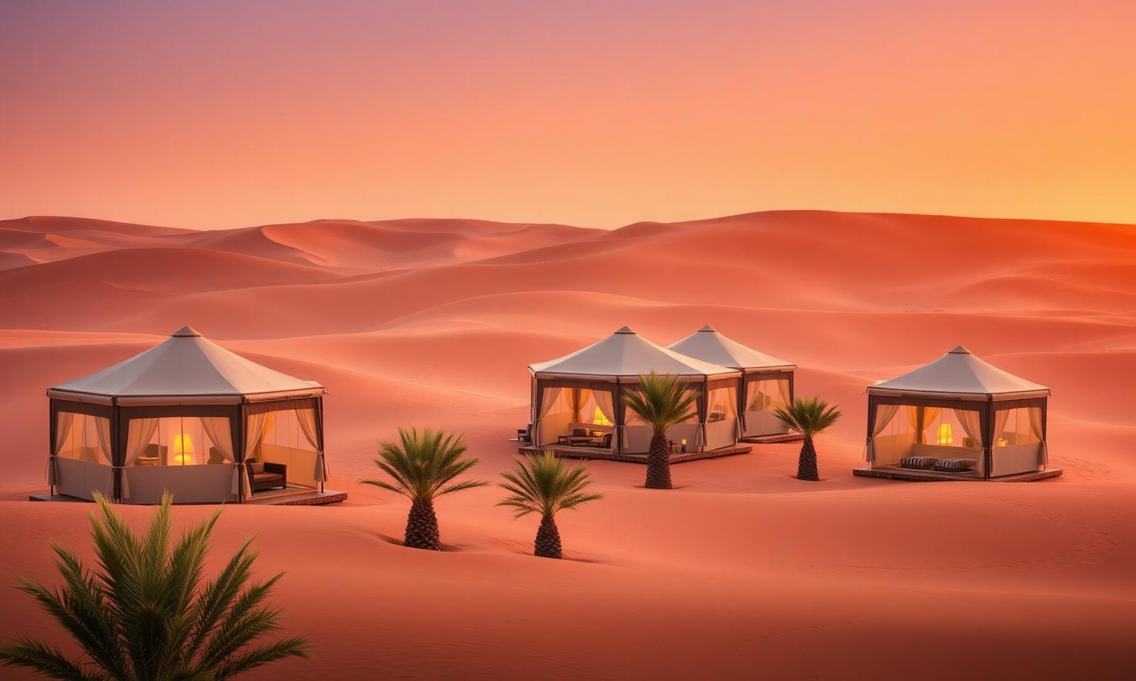 Mysk Al Badayer desert retreat in Sharjah at golden hour with private Bedouin-style tented villas across the red and golden sand dunes of the Arabian desert