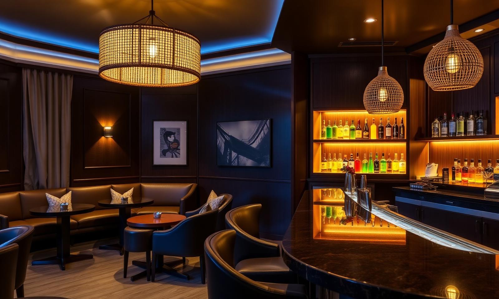 Refined lounge at the Mysk Kingfisher Retreat in Kalba Sharjah with dark wood paneling, low rattan pendant lighting, leather banquettes and warm cinematic amber lighting