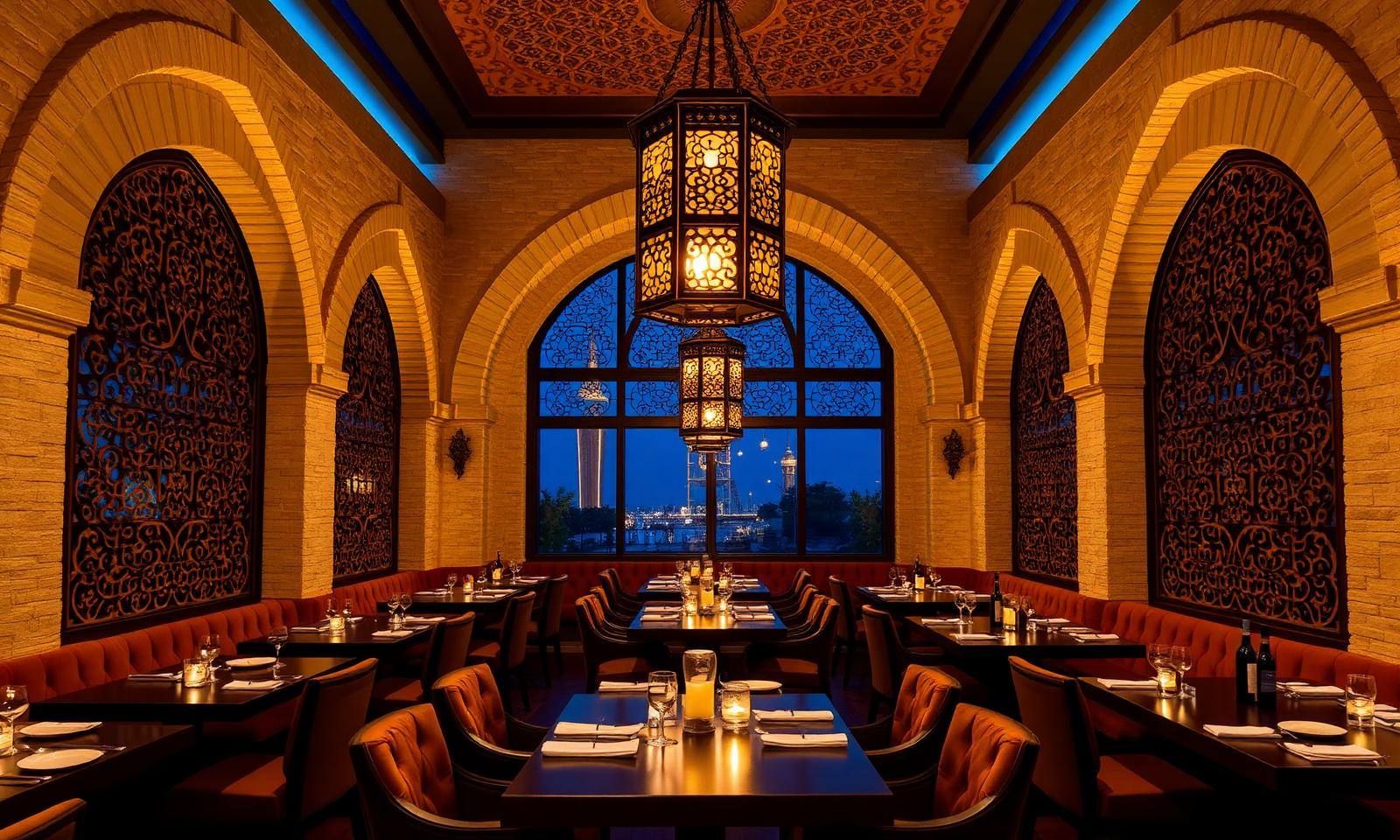 Shababeek refined Lebanese restaurant interior at Al Qasba Sharjah with arched stone walls, mashrabiya wooden screens, hanging lanterns, dark wood tables and warm cinematic amber lighting