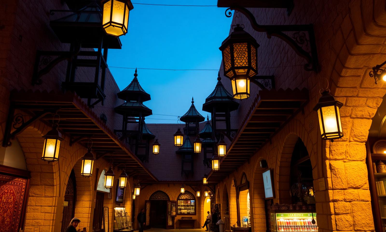 Souq Al Arsah heritage souq in Sharjah at blue hour, restored coral-stone arcade with wooden barjeel wind towers, oriental hanging lanterns glowing and narrow stone passageways