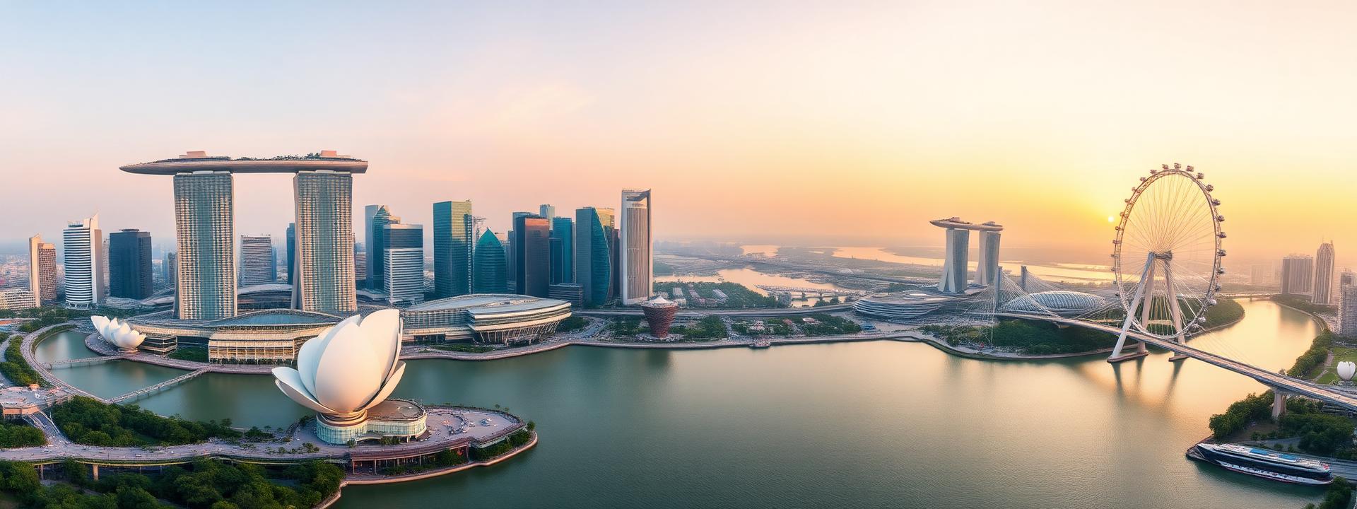 黄金时段新加坡滨海湾的全景航拍清晨景色，包括超高层建筑的完整天际线、滨海湾金沙、莲花造型的艺术科学博物馆、滨海湾花园的超级树、新加坡摩天观景轮和蜿蜒的螺旋桥