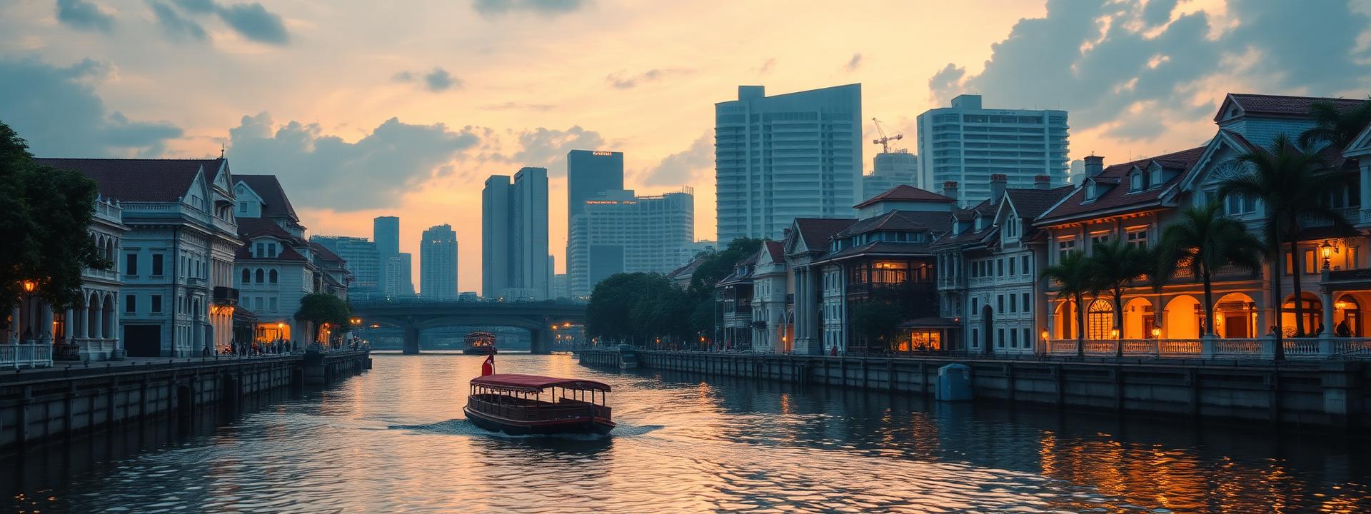 黄金时段向黄昏过渡时的新加坡河克拉码头景象，修复后的精致店屋沿河岸排列，窗户透出温暖灯光，一艘传统驳船在水上驶过，背后是现代化的中央商务区天际线