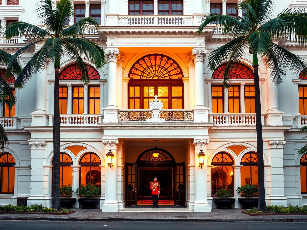 新加坡 莱佛士酒店 酒店标志性的宏伟殖民地豪华酒店外墙，在黄金时段拍摄，拥有白色新古典主义建筑、华丽的铸铁门廊、摇曳的椰子树和入口处身着制服的锡克教门童