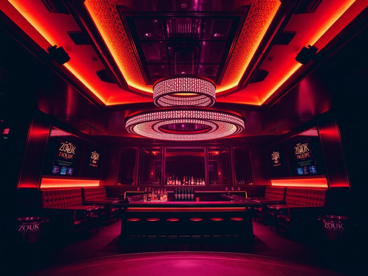 新加坡克拉码头 Zouk 精致高档的夜店内部，拥有戏剧性的暖琥珀色和粉红色 LED 灯光、深色调的表面、皮革长椅、带香槟桶的抛光吧台和一个引人注目的天花板灯光装置下方的舞池