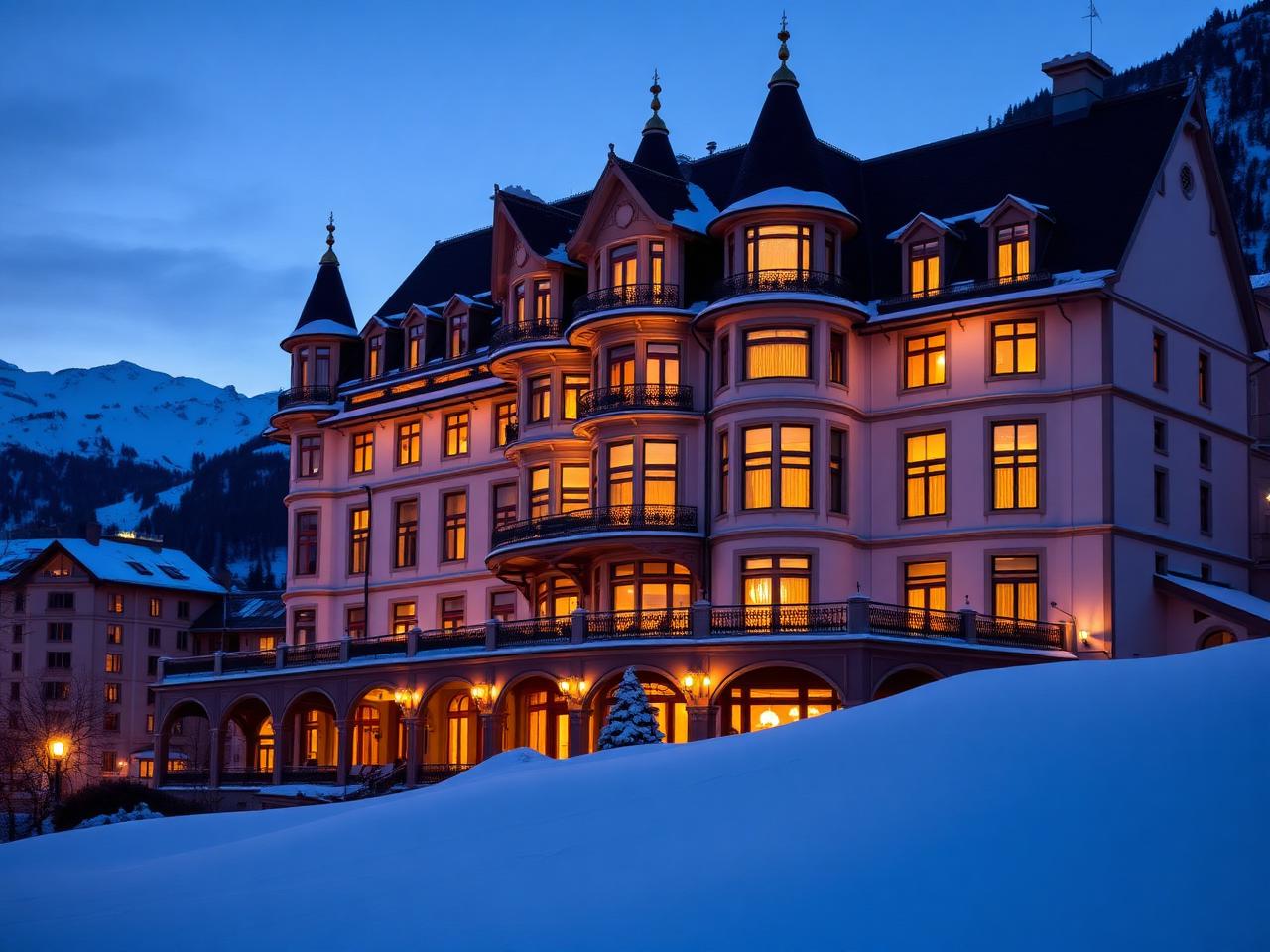 Badrutt's Palace Hotel St Moritz iconic illuminated turreted facade at dusk in winter with snow and warm light from windows