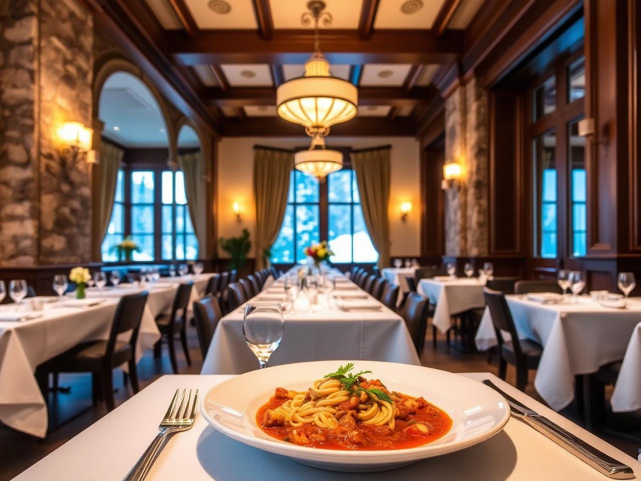 Da Vittorio St Moritz refined Italian fine dining restaurant interior with warm pendant lighting, white tablecloths, fresh flowers and alpine decor with stone and dark wood