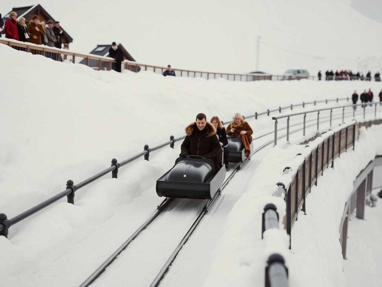 Cresta Run toboggan track in St Moritz in winter with snow banks, elegant spectators in fur and cashmere watching from the railing