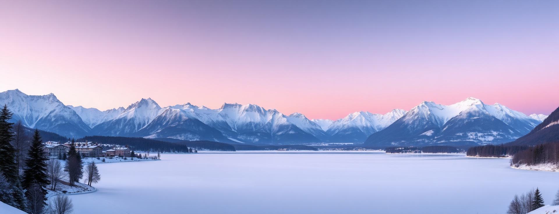 St Moritz Engadine Swiss Alps panorama in winter at first light with snow-covered peaks, frozen Lake St Moritz mirror-still and soft pastel pink alpine sunrise