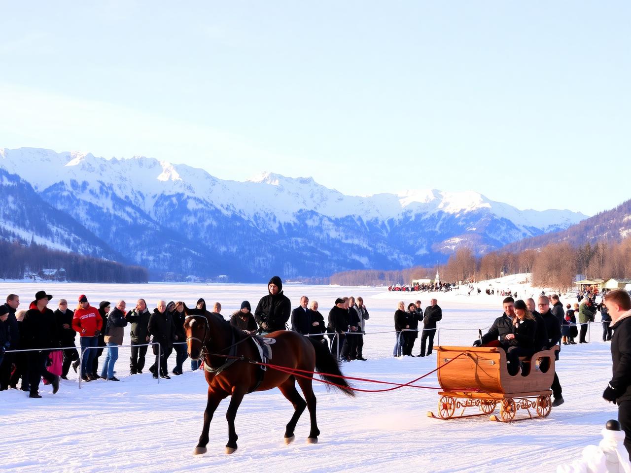 Frozen Lake St Moritz in winter with classic horse-drawn sleigh skijoring race, elegant spectators along the snow track and snow-capped Engadine peaks in distance