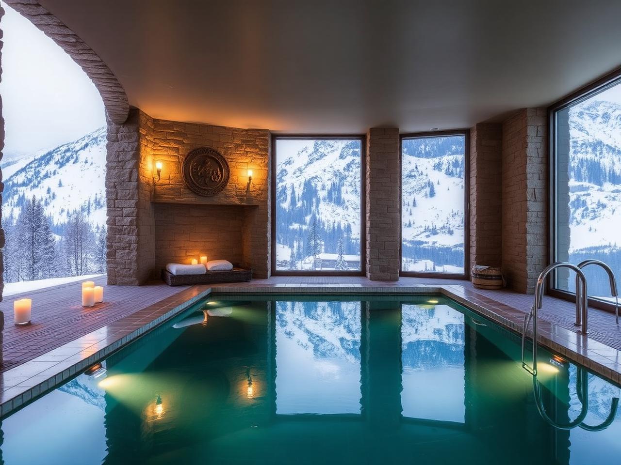 Refined alpine spa interior in St Moritz Engadine with stone walls, indoor pool reflecting candlelight and large windows with snow-covered alpine view