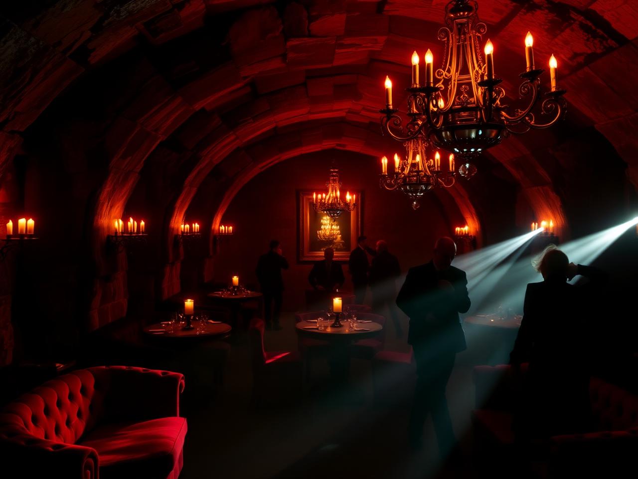 Dracula Club St Moritz iconic private nightclub at Badrutt's Palace, vaulted stone cellar with red velvet banquettes, gothic chandeliers and candlelight