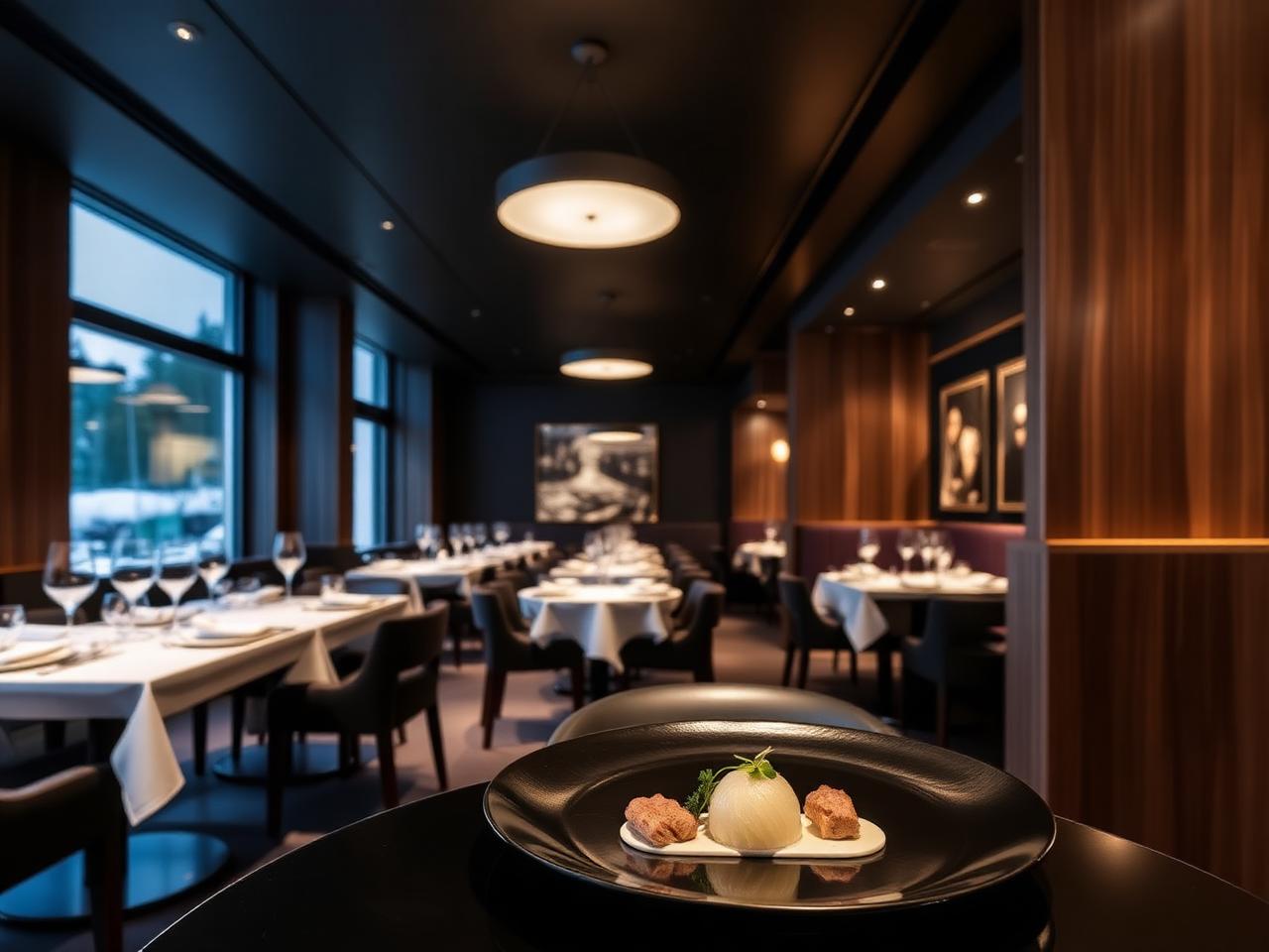 Refined two Michelin star fine dining restaurant Ecco St Moritz interior with sleek modern alpine decor, dark woods and a beautifully plated tasting course on minimalist black plate