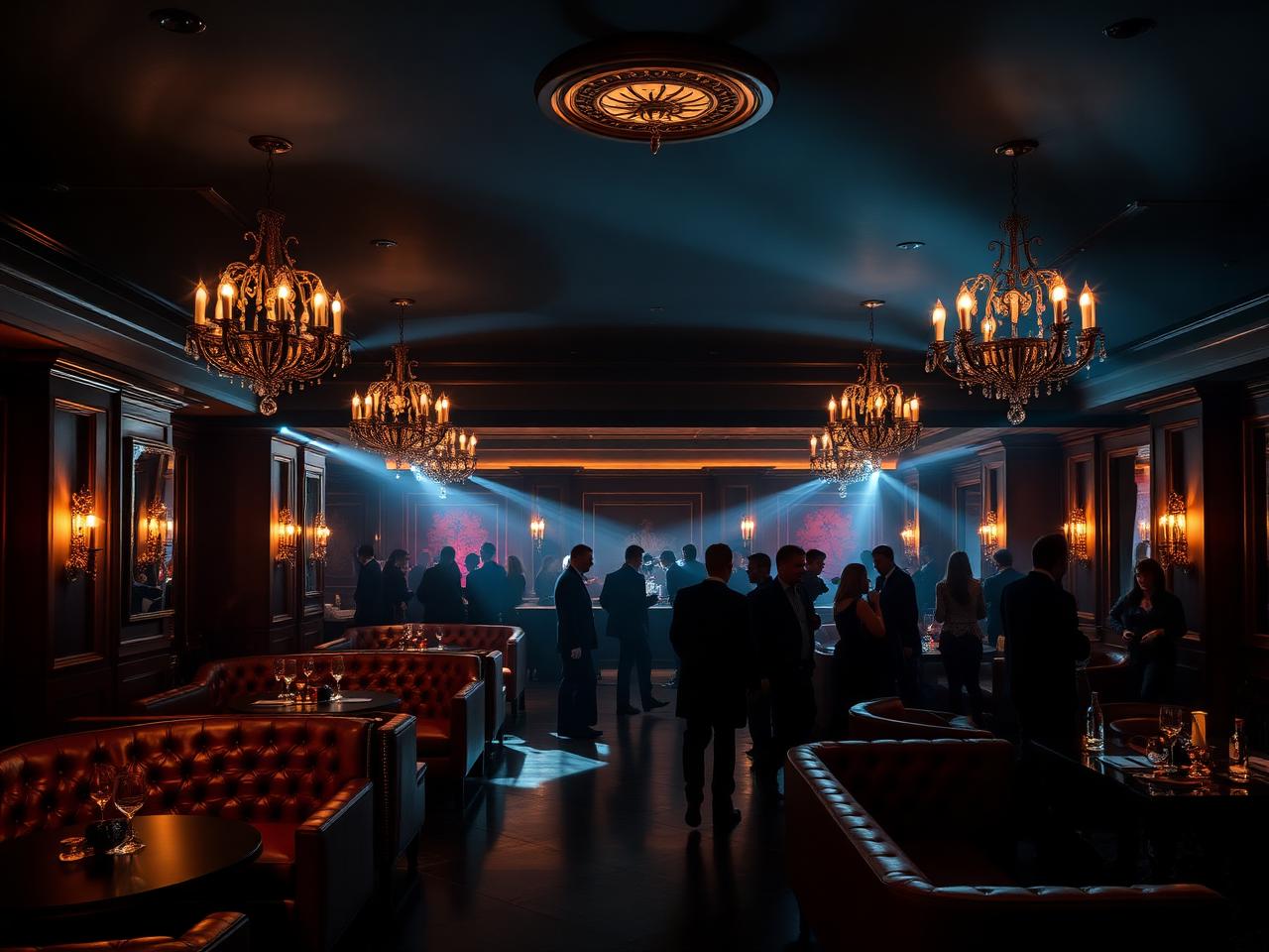 King's Social House St Moritz private members club nightclub interior with refined low lighting, leather banquettes, elegant chandeliers and stylish silhouetted crowd