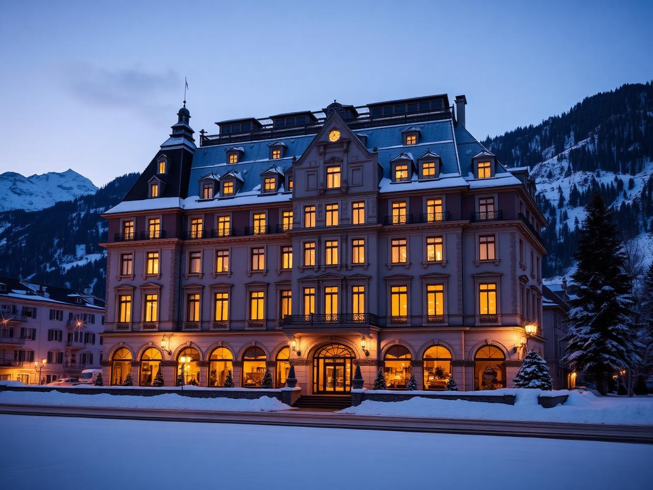 Kulm Hotel St Moritz historic grand hotel facade at dusk in winter with snow on the ground, illuminated windows and alpine Engadine peaks behind