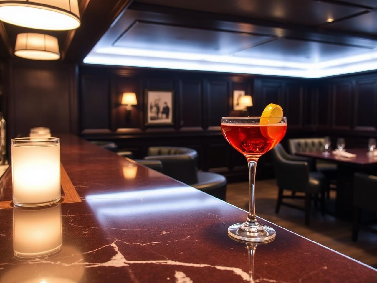 N/5 The Bar at Suvretta House St Moritz refined alpine cocktail bar interior with dark wood panelling, leather banquettes, low lamplight and a beautifully made negroni