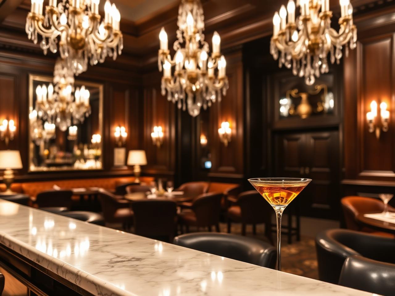 Renaissance Bar at Badrutt's Palace St Moritz with grand chandeliers, leather banquettes, dark wood panelling, low warm lighting and a beautifully made martini